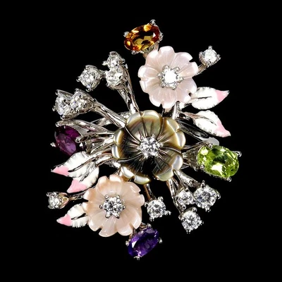 925 Sterling Silver Ring Oval Peridot 6x4mm Garnet Mop Gemstone Enamel Flower 9 - Image 1 of 4