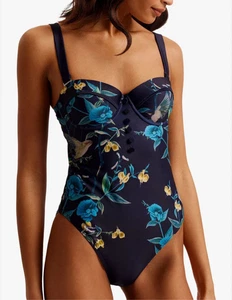 TED BAKER Swimsuit TB 2 UK 10 Rainnah Navy Floral Cupped Button Removable Straps - Picture 1 of 23