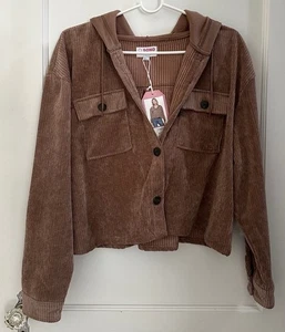 CI SONO WOMEN TAUPE CORDUROY BUTTON UP HOODED CROP JACKET SIZE S - Picture 1 of 9