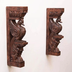 Wooden Wall Bracket Corbel Bird Pair Statue Peacock Entry Door / Way Wall Decor - Picture 1 of 6