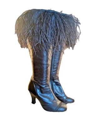 Vintage Black Leahter Knee-High Boot with Feather Boa Fringe 1960s Sz 7 4' heel - Image 1 of 4