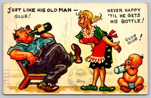 Vintage Comic Postcard Family Humor Bottle Drinking Baby 1940s - Picture 1 of 2