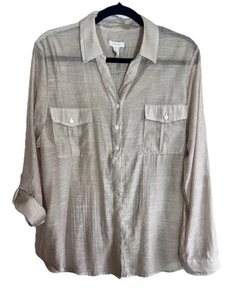 NWOT Chico's Semi Sheer Roll-up Long Sleeve Button Down Micro Striped Shirt Sz 3 - Picture 1 of 7