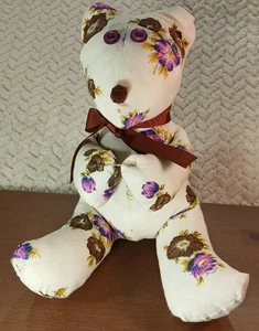 Bufanda vintage hecha a mano de 11" de felpa de oso de peluche con ojos de botón estampado floral - Imagen 1 de 10