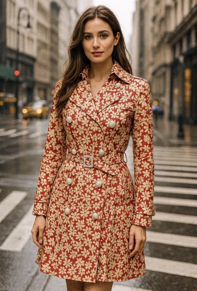 RAIR Burberry Abrigo-Vestido Estampado Floral Doble Botonadura Cinturón 4 Auténtico Foto 1 de 4