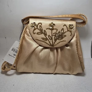 Jessica McClintock Bolso de Noche Dorado Satinado Cuentas Floral Bolso sin asas 7"x5.5" Nuevo de Lote Antiguo - Imagen 1 de 8