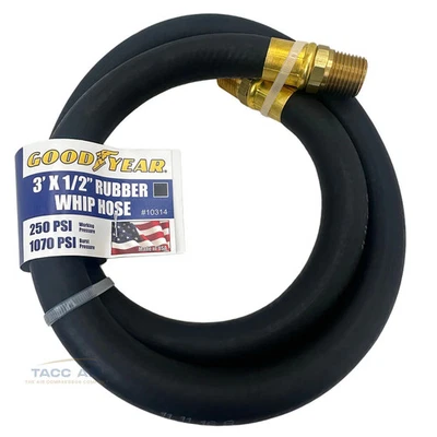 Manguera de aire de goma Goodyear 3' x 1/2" látigo 250 PSI hecha en EE. UU. 1/2" NPT manguera de plomo Foto 1 de 3