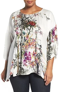 Citron Plus Clothing 100% Silk Art To Wear White Floral Fukure Blouse 0X - Picture 1 of 12