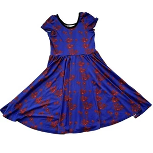 LuLaRoe Dot Dot Smile Lucy Twirl Dress Blue Red Dandelions & Hearts 7 Girls - Picture 1 of 6