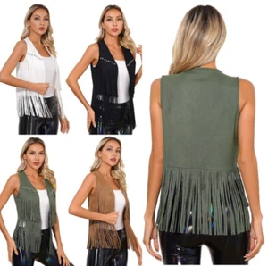 Women Tassels Fringe Western Cowboy Cowgirl Waistcoat Hippie Costume Jacket Vest - Picture 1 of 56
