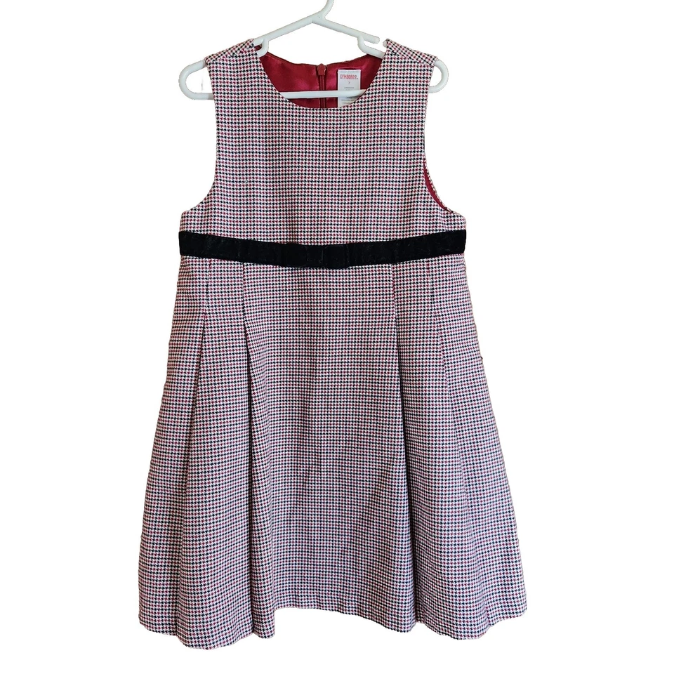 Gymboree 女孩儿童礼服红色黑色千鸟格天鹅绒蝴蝶结圣诞节 7 肖像 — 第 1/4 张图片