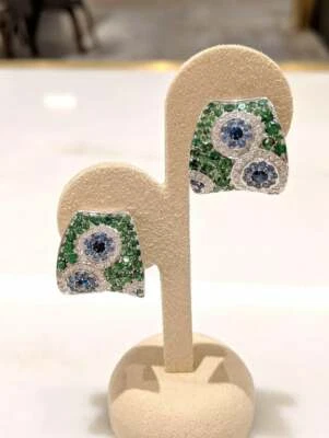 White, Blue Sapphire & Green Tsavorite Concave Shaped Earring In 925 Real Silver - Image 1 of 4