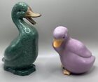 Vintage Enesco Porcelain Ceramic Duck Lot Of 2 Green And Purple Duck Figures