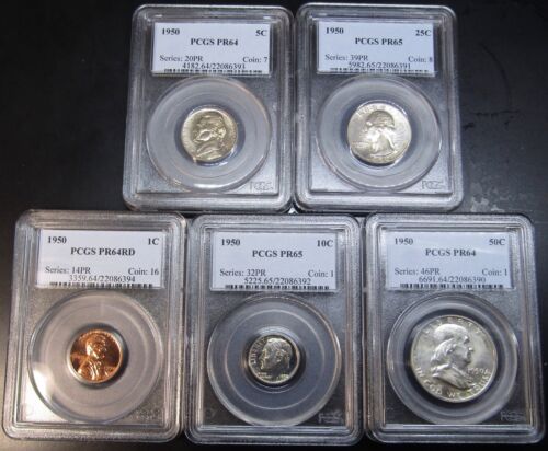 1950 Proof Set, All 5 Coins Pcgs Graded