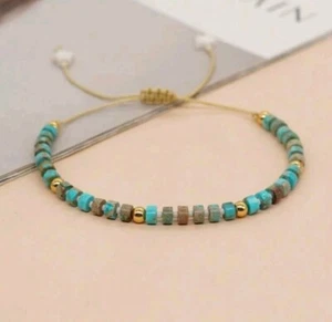 Bracelet réglable perles pierre fine carré, turquoise et doré, Neuf - Imagen 1 de 4