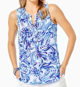 Lilly Pulitzer Essie Printed Tank Top Smocked Cotton Resort in Blue Size M - Picture 1 of 8