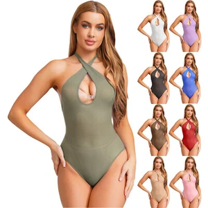 Womens Glossy Bodysuit Halter Sleeveless Backless Leotard One-piece Jumpsuit - Picture 1 of 128