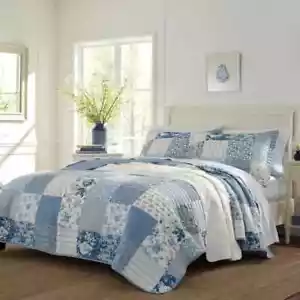 Laura Ashley Quilt Set King Size Floral Cotton Reversible Soft in Blue 3-Piece - Picture 1 of 7