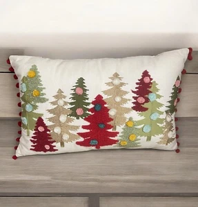 PIER 1 Accent Christmas Trees Lumbar Throw Pillow Embroidered Fringe Pom Pom - Picture 1 of 10