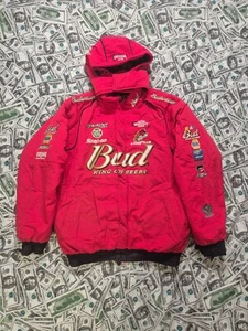 RARE VINTAGE Nascar Bud Goodyear Volvo Napa Outlaw Red Hooded Racing Jacket - Picture 1 of 15