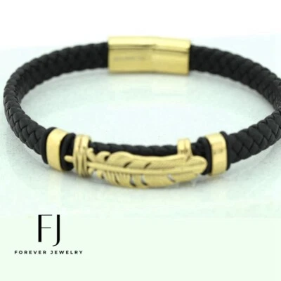 Men 8" Stainless Steel,Black Braided,Leather,feather Bracelet,Gold Plated*BOX - Image 1 of 3