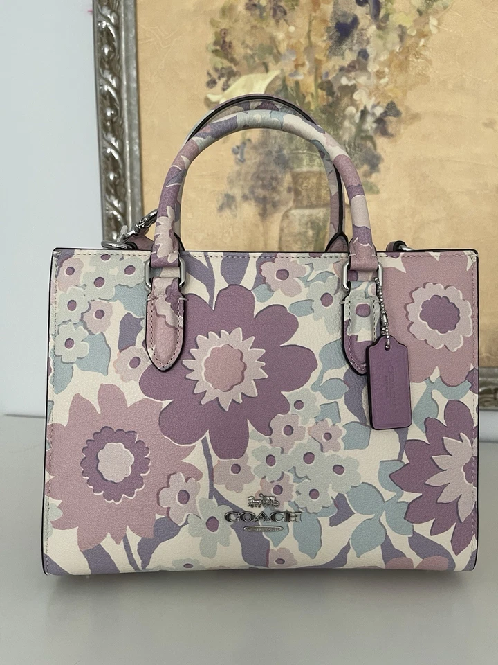 COACH Maggie Small Tote Bag Floral Print In Pebble Leather Ivory Multi CBM08