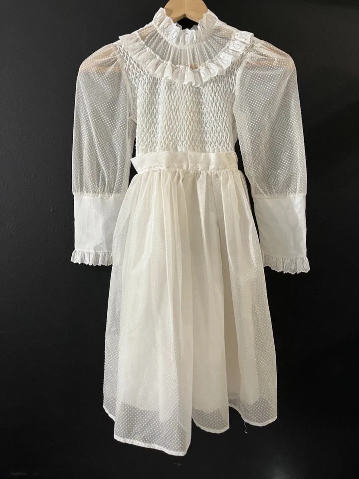 Rare Vintage Poly Flinders 1960’s Hand Embroidered Off White Size 8 Girls Dress - Image 1 of 4