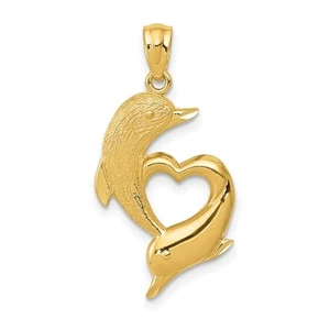 14k Yellow Gold Textured & Polished Dolphins & Heart Pendant, 14x25mm - Picture 1 of 6
