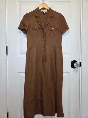 Vtg Petite Sophisticate Dress Brown Linen 4 Safari Minimalist Classic 90s - Image 1 of 4