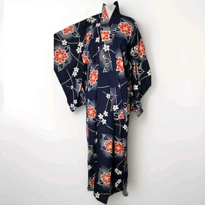 Authentic Vintage Japanese Yukata Kimono Navy Blue Flower Cotton Robe Excellent - Picture 1 of 4