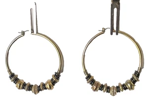 Polished Gold Tone Hoop CHARM Earrings Pierced ears Dangle Drop Style Large 2.5" - Picture 1 of 4