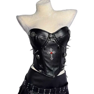 Y2K TOPS Goth Corset Grunge PU leather Studded Skull Hip Hop Punk Rock Chain Emo - Picture 1 of 13