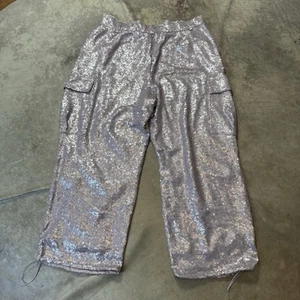 Anthropologie Pants Womens Size 16 Silver All Over Sequin Cargo Wide Leg Glam - Picture 1 of 10