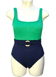 M&S Post Surgery Swimsuit Swimming Costume Non Wired Belt Blue Green Size 10 14 - Picture 1 of 12