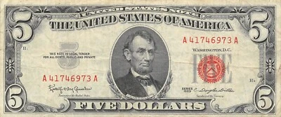 USA  $5  Series of 1963  Block A - A  Red seal  Circulated Banknote Z6 - Image 1 of 2