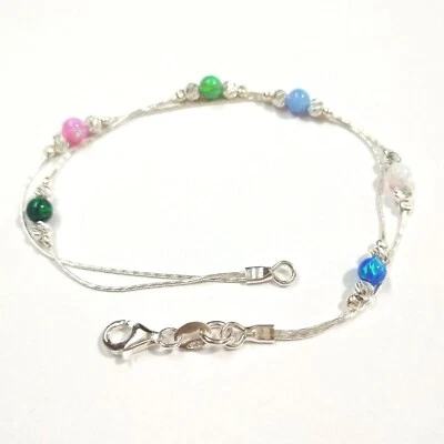 Multi-Color 4mm Opal & Laser Cut Beads Sterling Silver 925 Two Stands ANKLET - Image 1 of 4