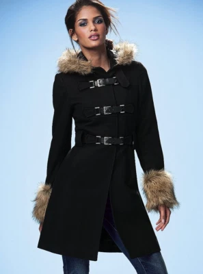 Abrigo con capucha KENNETH COLE para mujer negro hebilla lana imitación piel anorak 4 Foto 1 de 4