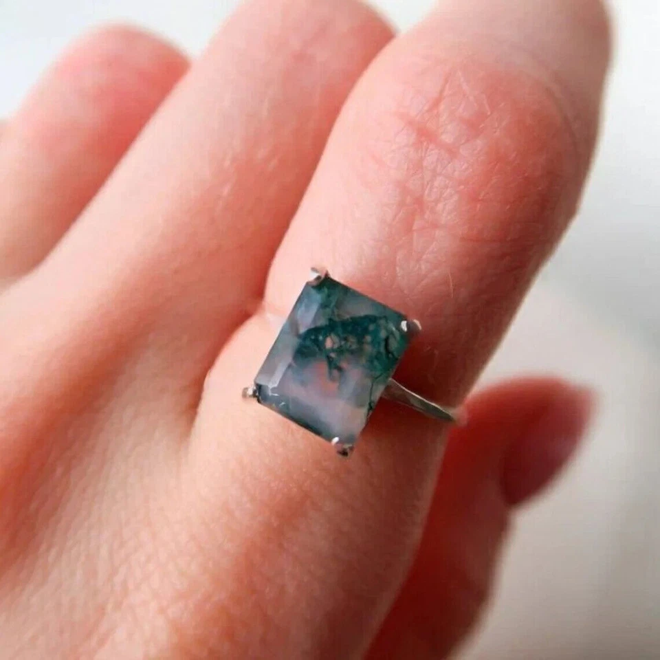 Natürlicher Moosachat Achteckschliff handgefertigter massiver Weißgold 10K pl... - Bild 1 von 4