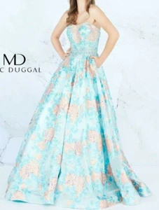 $659 NWT MAC DUGGAL Sz8 STRAPLESS SWEETHEART JEWELS FLORAL GOWN DRESS AQUA MULTI - Picture 1 of 6