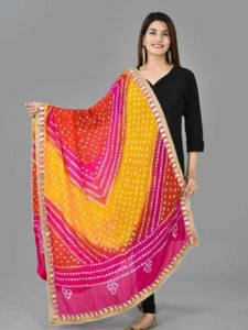 Women Jaipuri Bandhani Dupatta with Gota Work & latkan Rajasthani Silk Scarf- NE - Bild 1 von 3