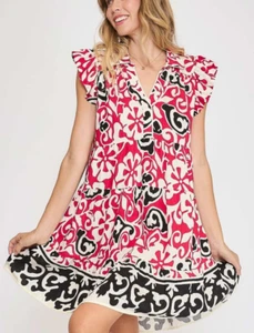 Umgee Mini Dress Deep Rose Floral Ruffled Cap Short Sleeve Tiered - Picture 1 of 6
