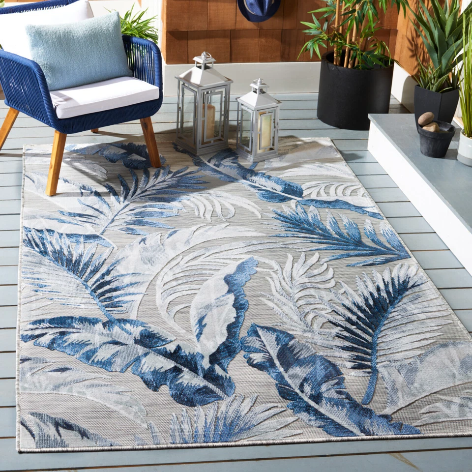 SAFAVIEH Outdoor CBN452N Cabana Collection Grey / Navy Rug - Image 1 of 4