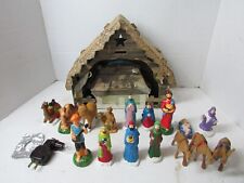 Vintage Handmade Carved Wood and Painted Plaster Nativity Set 16 pieces