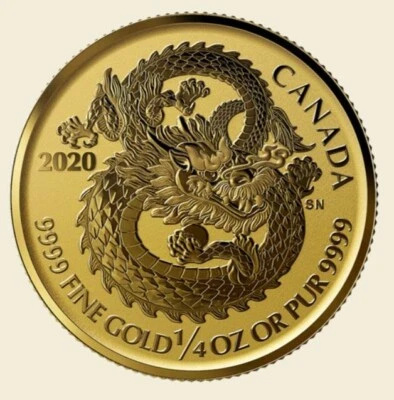 Moneda de 10 dólares Canada Lucky Dragon 2020 1/4 oz, 99,99 % oro puro gema BU/Sellada de fábrica Foto 1 de 4