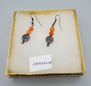 Carnelian Dangle Earrings Silver Tone Pierced Wire Bead Jewelry Boxed Gemstone - Picture 1 of 7