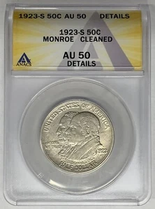 1923-S Monroe Commemorative Half Dollar ANACS AU 50 Details Cleaned - Picture 1 of 2