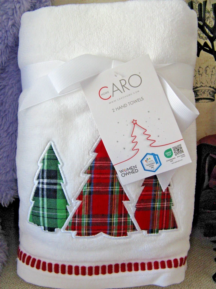 Nuevo Juego de 2 toallas de mano de baño de algodón bordadas árboles de Navidad CARO Foto 1 de 4