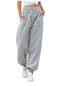 Womens Cinch Bottom Sweatpants Pockets High Waist Sporty Gym Small Grey - Picture 1 of 7