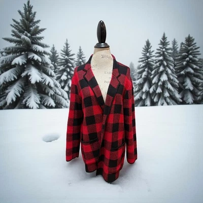 Cárdigan abierto Talbots Petites talla LP rojo/negro búfalo cuello a cuadros 2 bolsillos Foto 1 de 4
