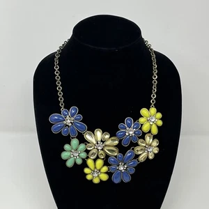 J Crew Multicolor Floral Crystal Stone Bib Necklace Maximalist Blue Yellow Green - Picture 1 of 4
